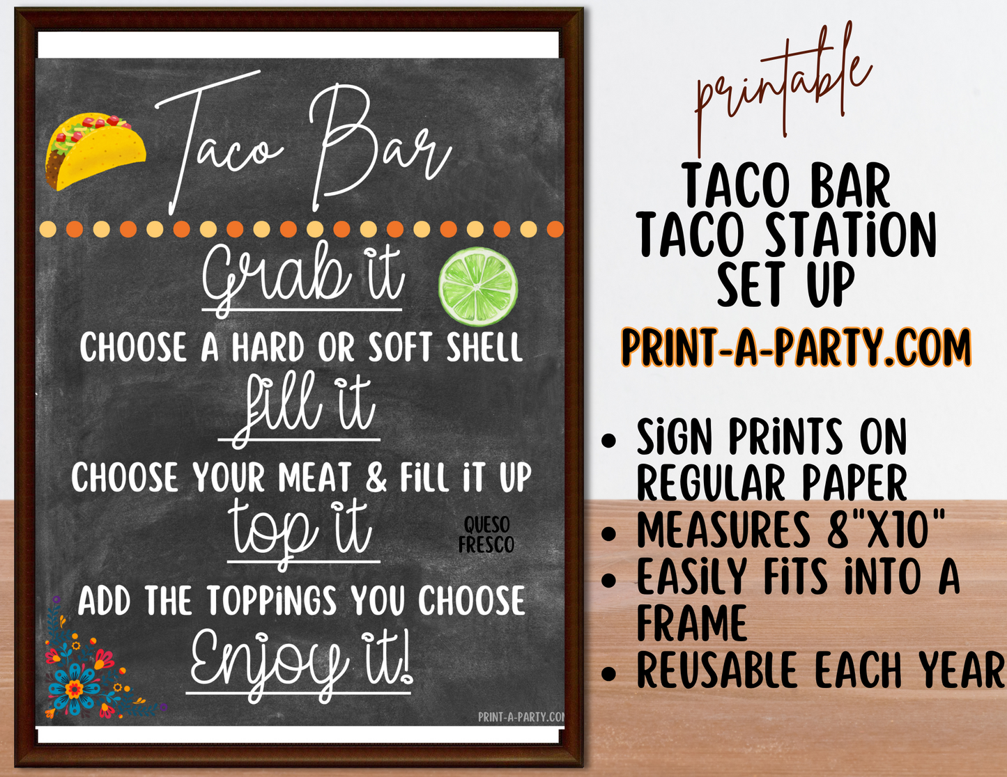 TACO BAR - Chalkboard - Printable Sign and Food Labels - For Parties, Showers, Office, Summer, Cinco de Mayo events