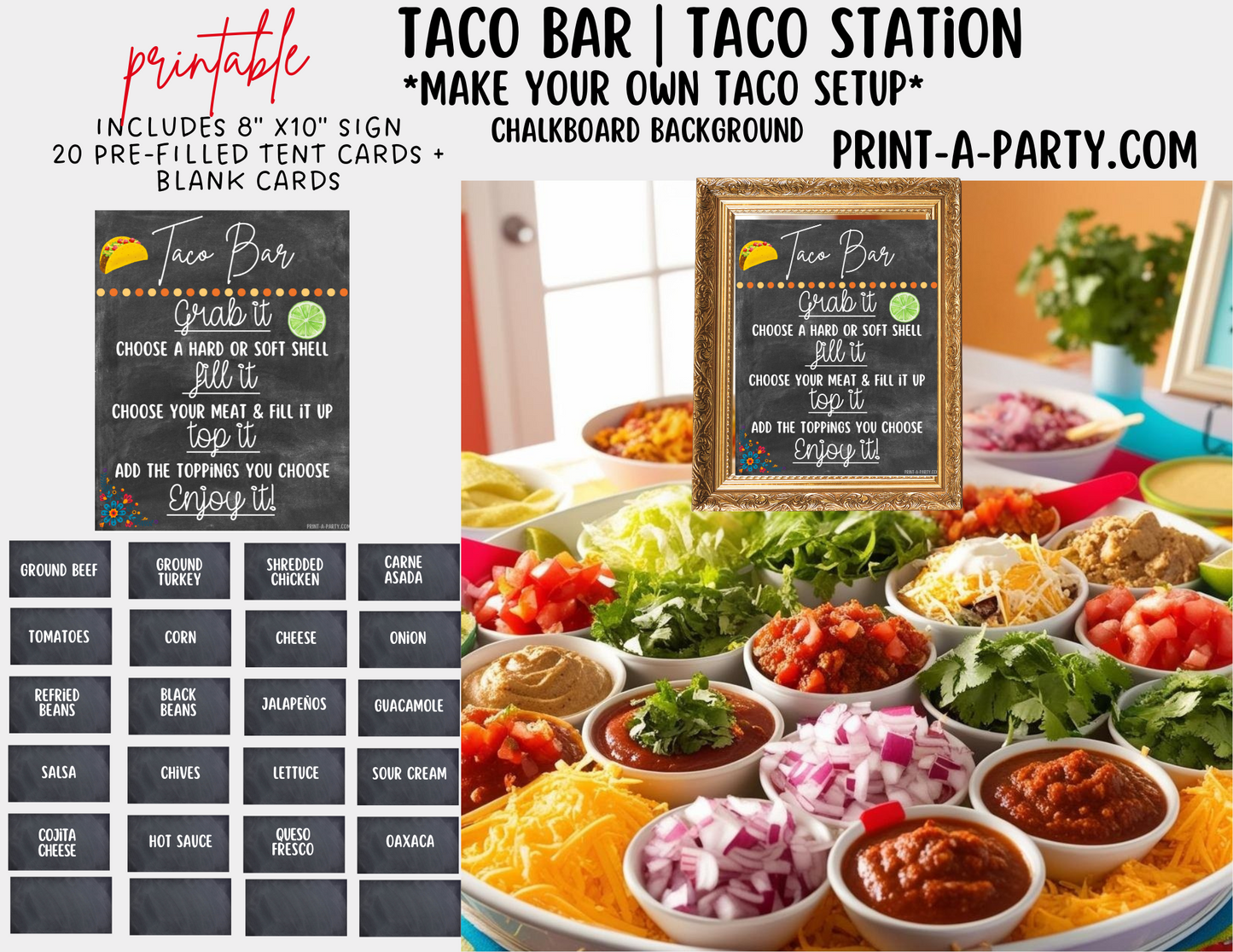 TACO BAR | TACO STATION Setup - CHALKBOARD | Make your own Tacos Sign | Taco Bar Station | DIY Taco Bar | Food Station for Party | 4th of July | Summer Parties | Food Bar for Party | 4th of July | Summer | Office Parties | Showers