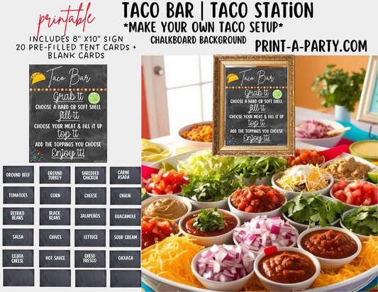 TACO BAR - Chalkboard - Printable Sign and Food Labels - For Parties, Showers, Office, Summer, Cinco de Mayo events