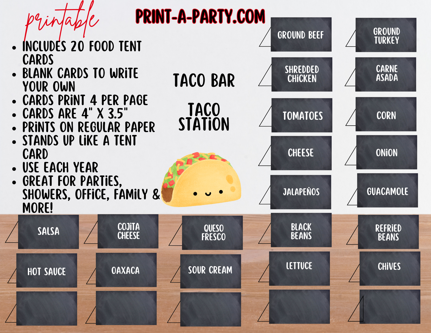 TACO BAR - Chalkboard - Printable Sign and Food Labels - For Parties, Showers, Office, Summer, Cinco de Mayo events