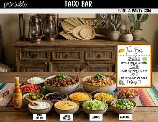 TACO BAR Printable Sign (8x10) and Topping Tent Cards - Party Event Buffet Decor