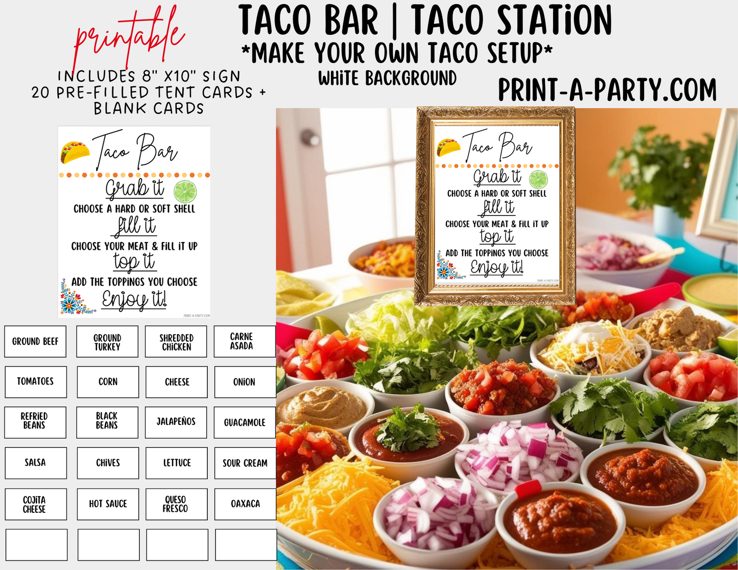TACO BAR - White - Printable Sign and Food Labels - For Parties, Showers, Office, Summer, Cinco de Mayo events