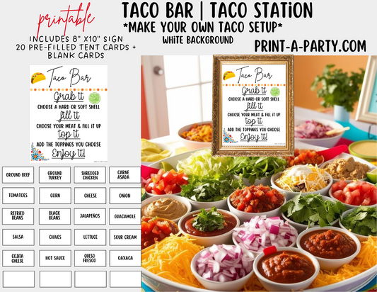 TACO BAR - White - Printable Sign and Food Labels - For Parties, Showers, Office, Summer, Cinco de Mayo events