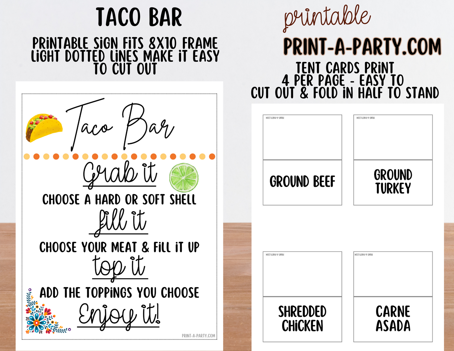 TACO BAR - White - Printable Sign and Food Labels - For Parties, Showers, Office, Summer, Cinco de Mayo events