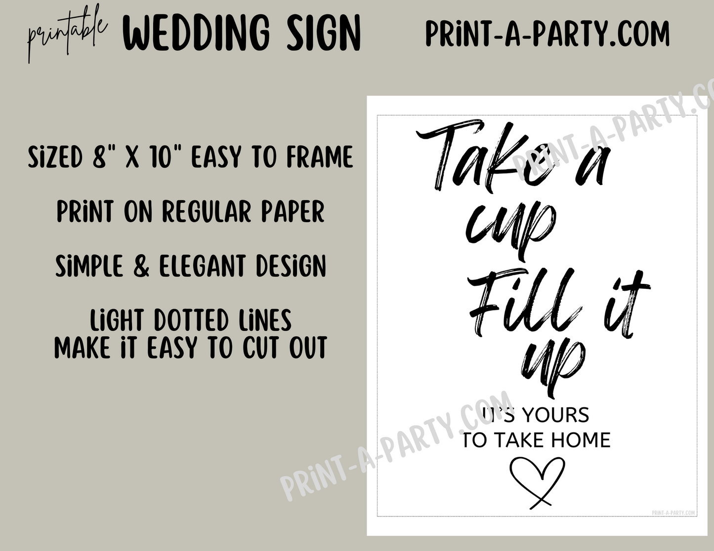 TAKE A CUP, FILL IT UP SIGN | Printable Wedding Sign | Wedding Sign | Wedding Favor Sign | Bridal Shower Favor Sign