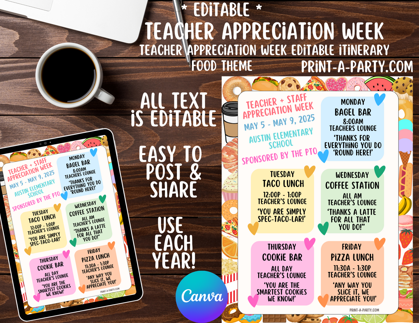 Appreciation Week Itinerary Schedule - EDITABLE | Food design | Teacher Appreciation Week Ideas | Staff | Teacher Appreciation Week Itinerary