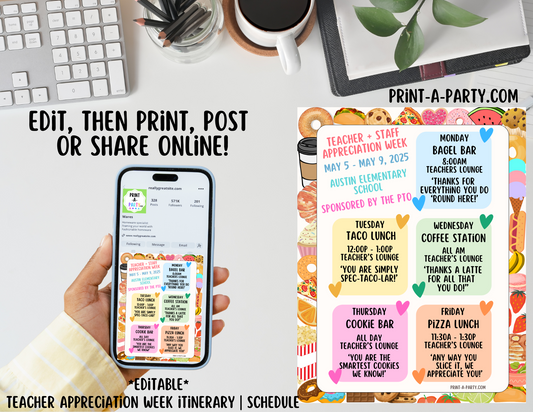 Appreciation Week Itinerary Schedule - EDITABLE | Food design | Teacher Appreciation Week Ideas | Staff  | Teacher Appreciation Week Itinerary