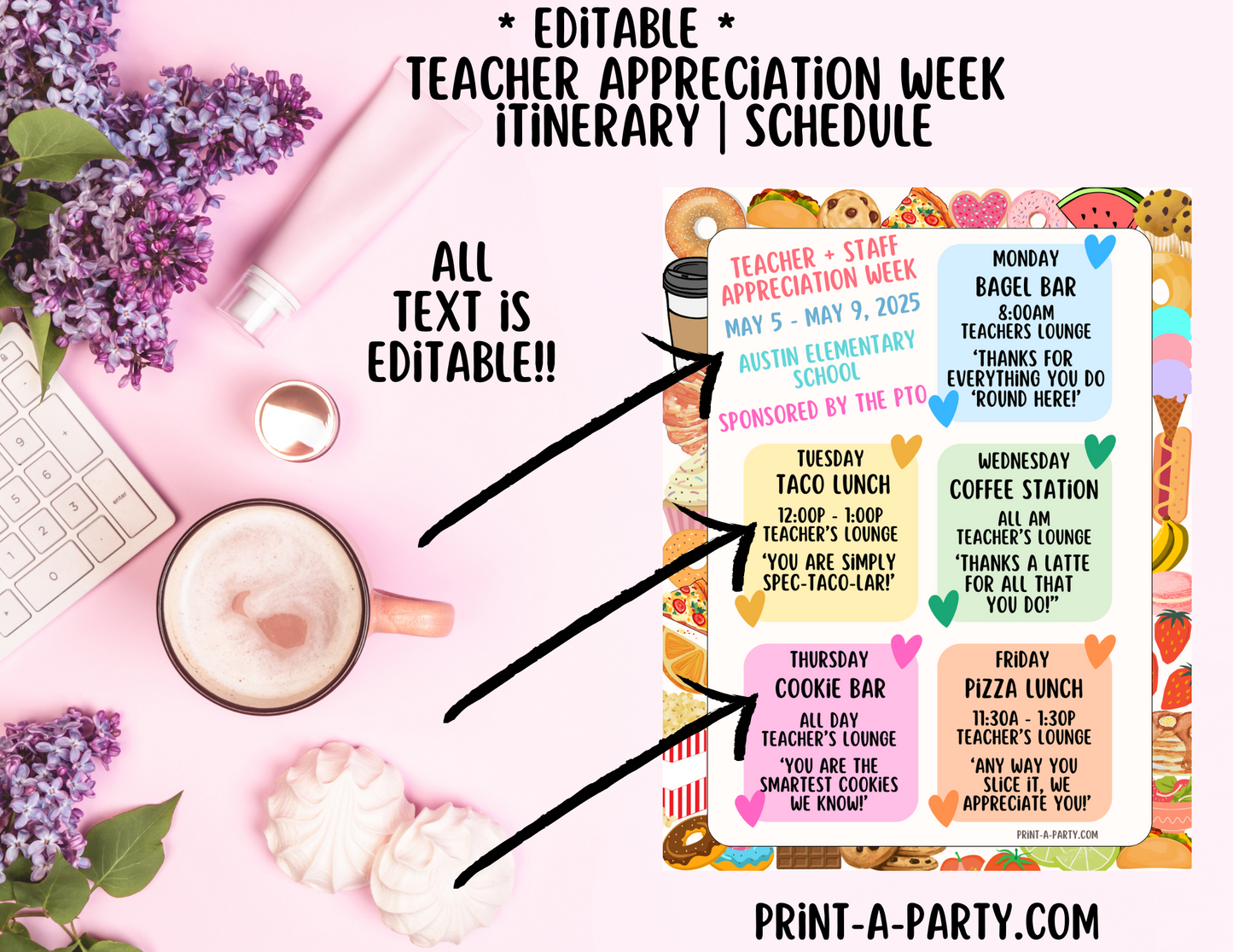 Appreciation Week Itinerary Schedule - EDITABLE | Food design | Teacher Appreciation Week Ideas | Staff | Teacher Appreciation Week Itinerary