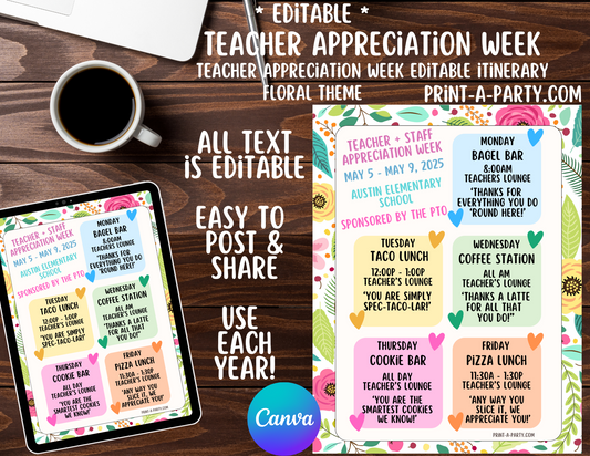 Appreciation Week Itinerary Schedule - EDITABLE | Floral design | Teacher Appreciation Week Ideas | Staff  | Teacher Appreciation Week Itinerary