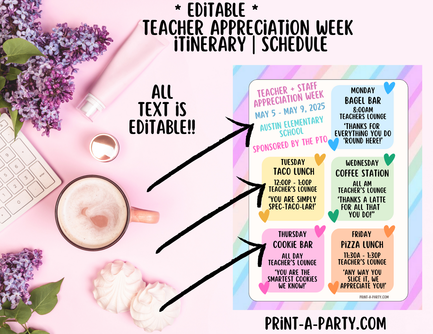 Appreciation Week Itinerary Schedule - EDITABLE | Pastel design | Teacher Appreciation Week Ideas | Staff | Teacher Appreciation Week Itinerary