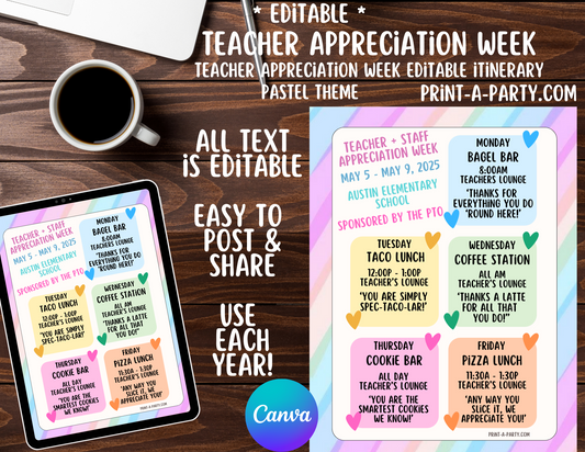 Appreciation Week Itinerary Schedule - EDITABLE | Pastel design | Teacher Appreciation Week Ideas | Staff  | Teacher Appreciation Week Itinerary