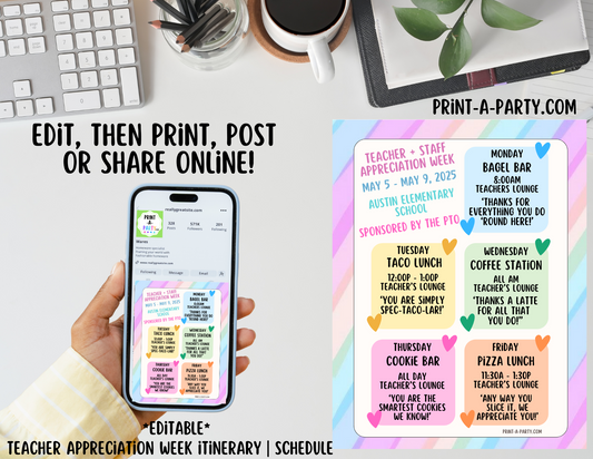 Appreciation Week Itinerary Schedule - EDITABLE | Pastel design | Teacher Appreciation Week Ideas | Staff  | Teacher Appreciation Week Itinerary