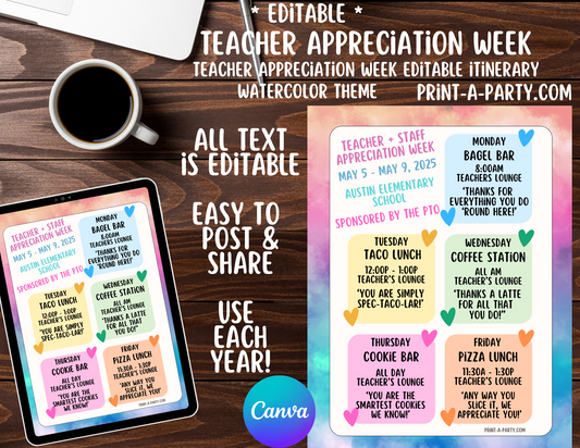 Appreciation Week Itinerary Schedule - EDITABLE | Watercolor design | Teacher Appreciation Week Ideas | Staff  | Teacher Appreciation Week Itinerary