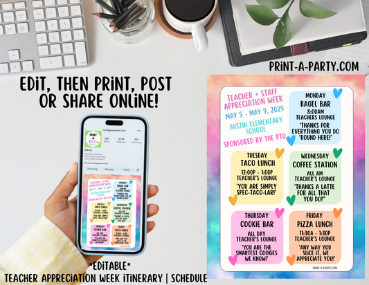 Appreciation Week Itinerary Schedule - EDITABLE | Watercolor design | Teacher Appreciation Week Ideas | Staff  | Teacher Appreciation Week Itinerary