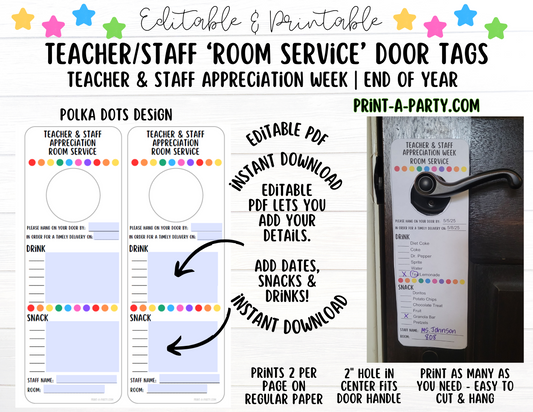 Appreciation Tag: Editable and Printable Room Service Door Tags - Staff & Teacher Appreciation Gift for PTO/PTA, Teacher Appreciation Week or Back-to-School Welcome