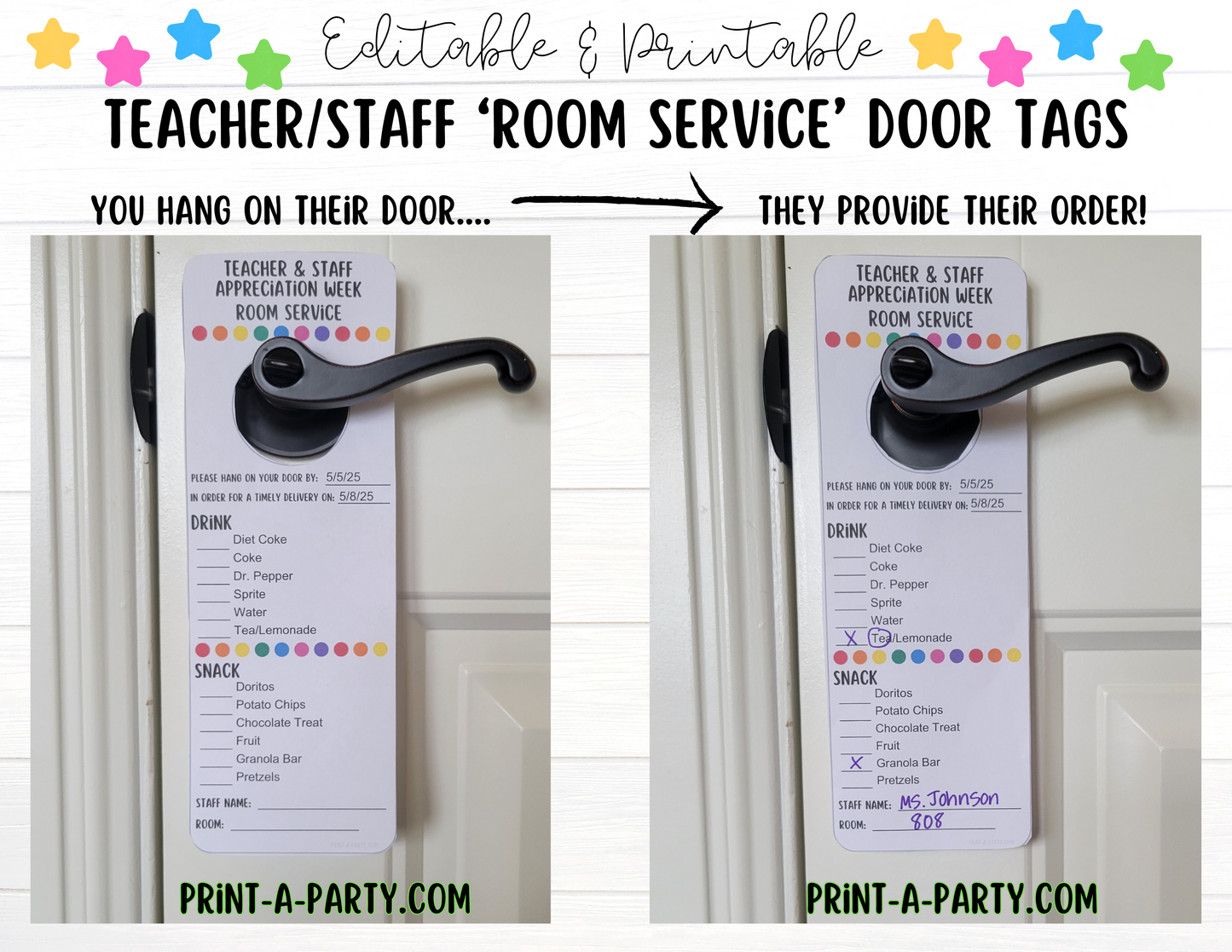 Appreciation Tag: Room Service Door Tags - Editable, Fillable | Teacher Appreciation Week | Staff Appreciation | PTO | PTA | Teacher Appreciation Ideas