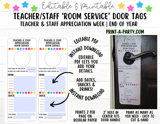 Appreciation Tag: Editable and Printable Room Service Door Tags - Staff & Teacher Appreciation Gift for PTO/PTA, Teacher Appreciation Week or Back-to-School Welcome