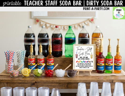 Teacher and Staff Dirty Soda Bar Sign and Recipe Tent Cards - 12 Recipes
