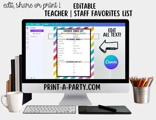 Teacher Staff Editable Favorite Things List – Questionnaire + Wishlist Form for Back to School & Appreciation