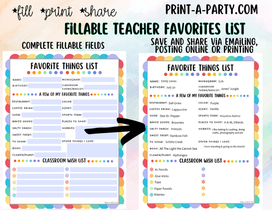 Teacher Favorite Things List - Edit via a Fillable PDF - Printable, Shareable - Teacher Wishlist, Room Moms, PTO School Staff Appreciation