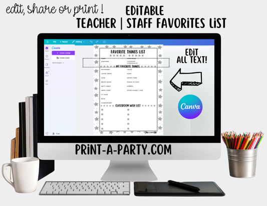 Teacher Staff Editable Favorite Things List – Questionnaire + Wishlist Form for Back to School & Appreciation