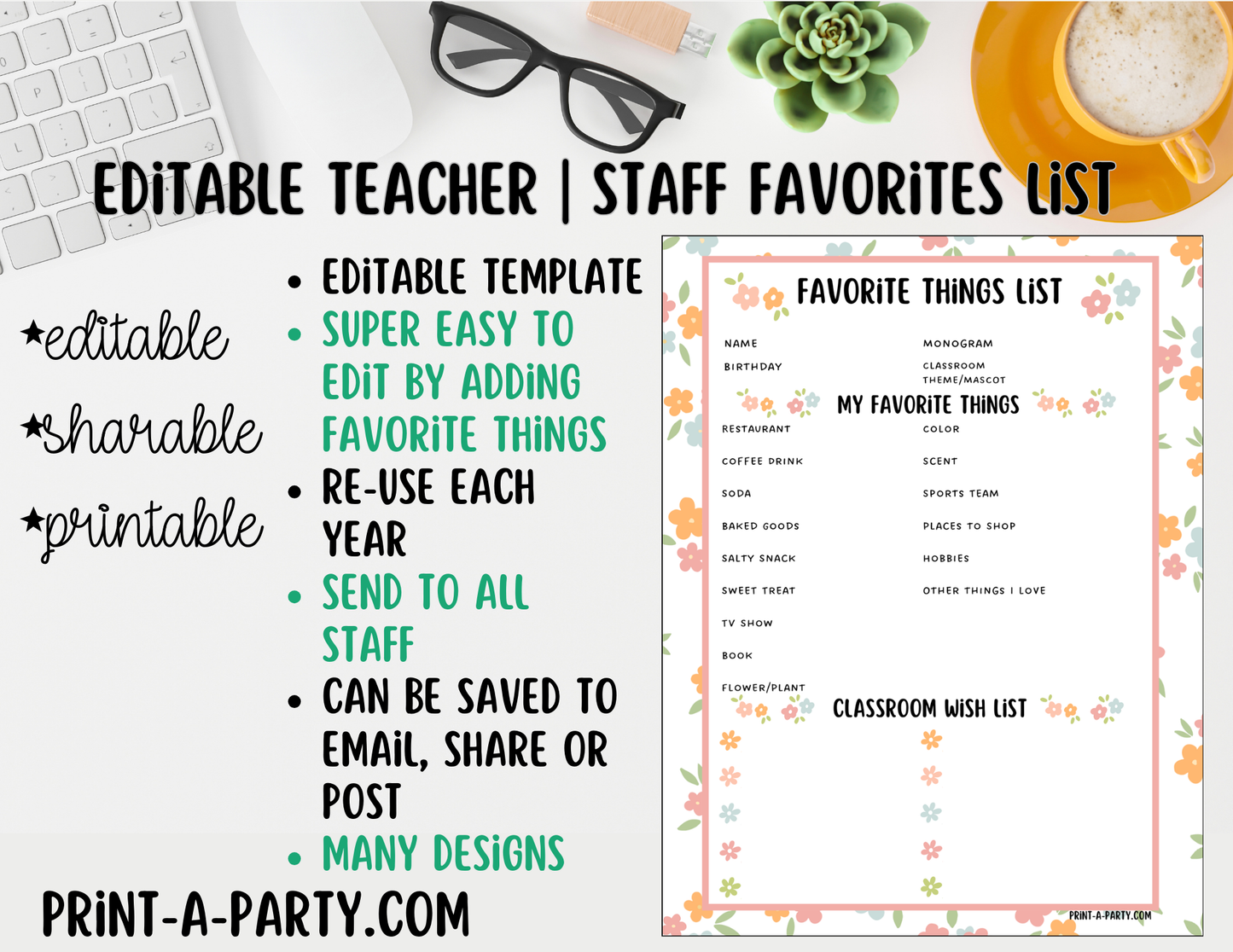 Teacher Staff Editable Favorite Things List – Questionnaire + Wishlist Form for Back to School & Appreciation