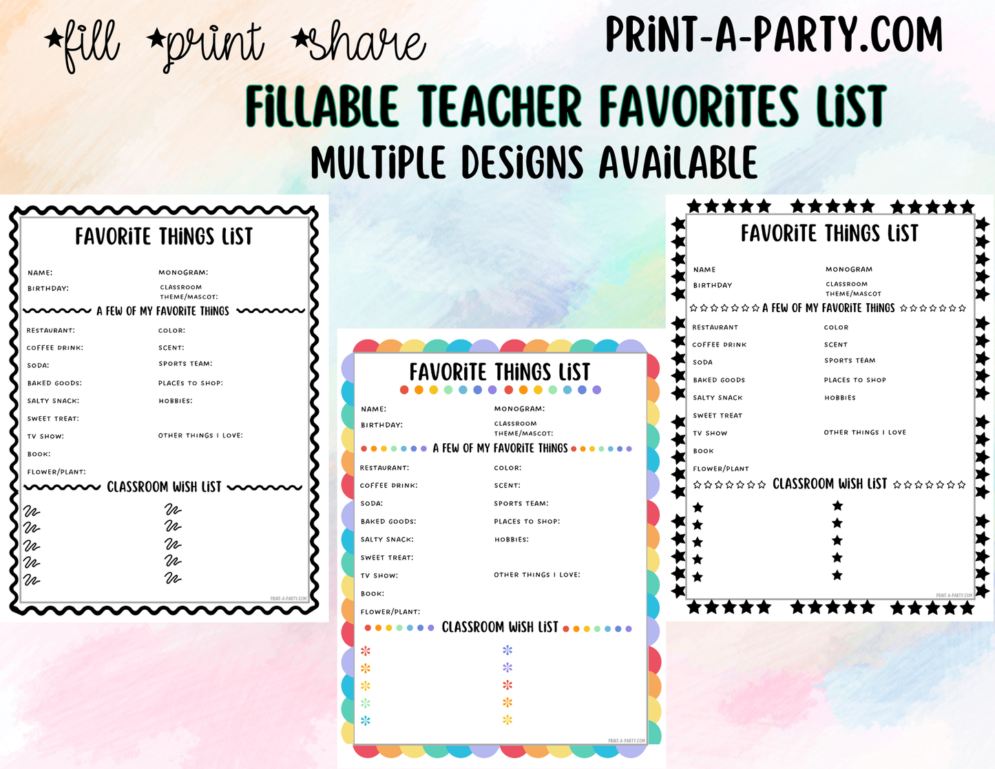 Teacher Favorite Things List - Edit via a Fillable PDF - Printable, Shareable - Teacher Wishlist, Room Moms, PTO School Staff Appreciation