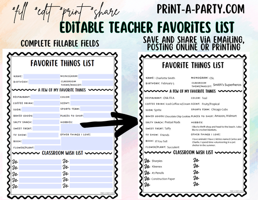 Teacher Favorite Things List - Edit via a Fillable PDF - Printable, Shareable - Teacher Wishlist, Room Moms, PTO School Staff Appreciation