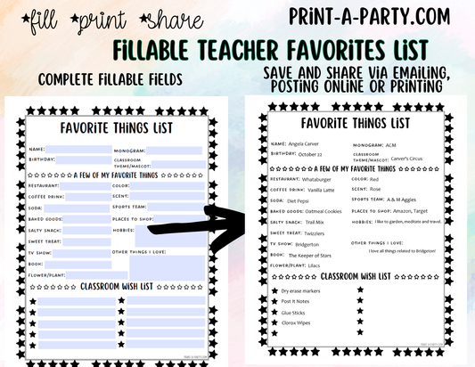 Teacher Favorite Things List - Edit via a Fillable PDF - Printable, Shareable - Teacher Wishlist, Room Moms, PTO School Staff Appreciation