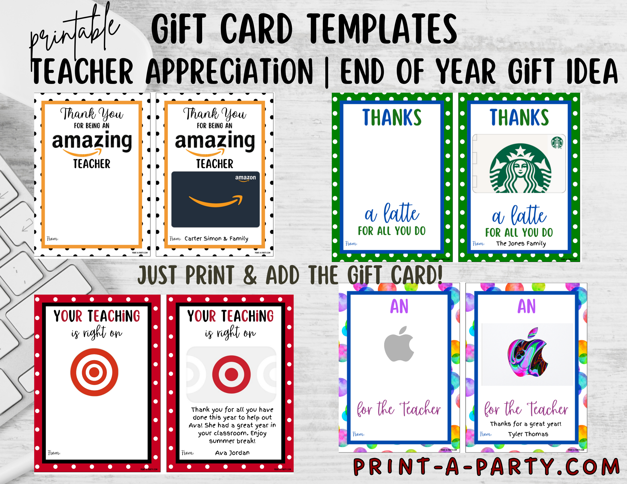 TeacherGiftCardsStoresCoversNEW 2 teacher appreciation or end-of-year gift card template printables - amazon, starbucks, costco and apple