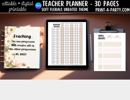 PLANNER: Editable Soft Florals Teacher Planner Undated | 30-Page Canva Template with Covers