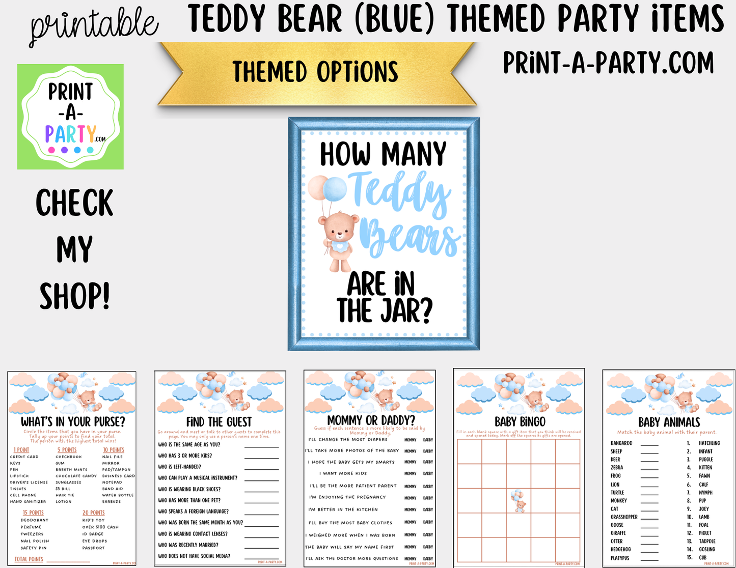 Teddy Bears (blue) Jar Game Printable Sign (8x10) & Guessing Cards for Baby Shower or parties