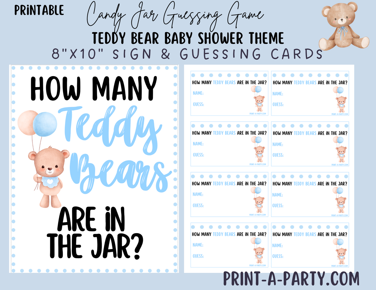Candy Jar Guessing Game - TEDDY BEARS BLUE - Printable Game for Baby Showers, Sprinkles, Adoption Parties or Sip and See!