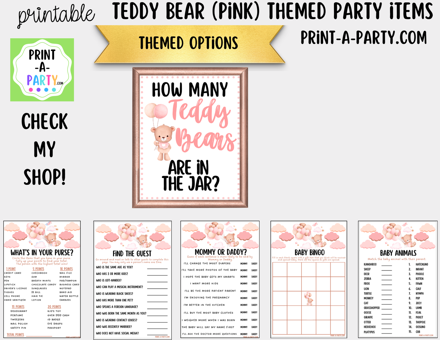 Teddy Bears (pink) Jar Guessing Game Printable Sign (8x10) & Guessing Cards for Baby Shower, adoption party or baby events
