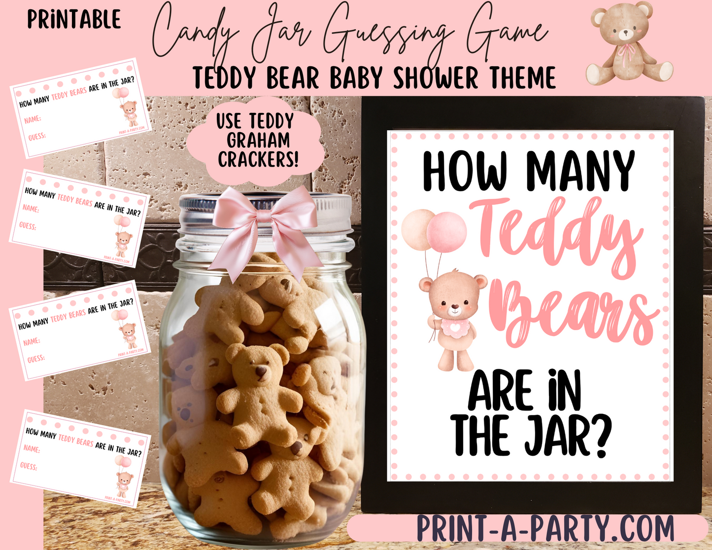 CANDY JAR GUESSING GAME - Teddy Bears Pink | How many Teddy Bears in jar | Teddy Bear Shower Game | Use Teddy Graham Grackers or Gummy Bears