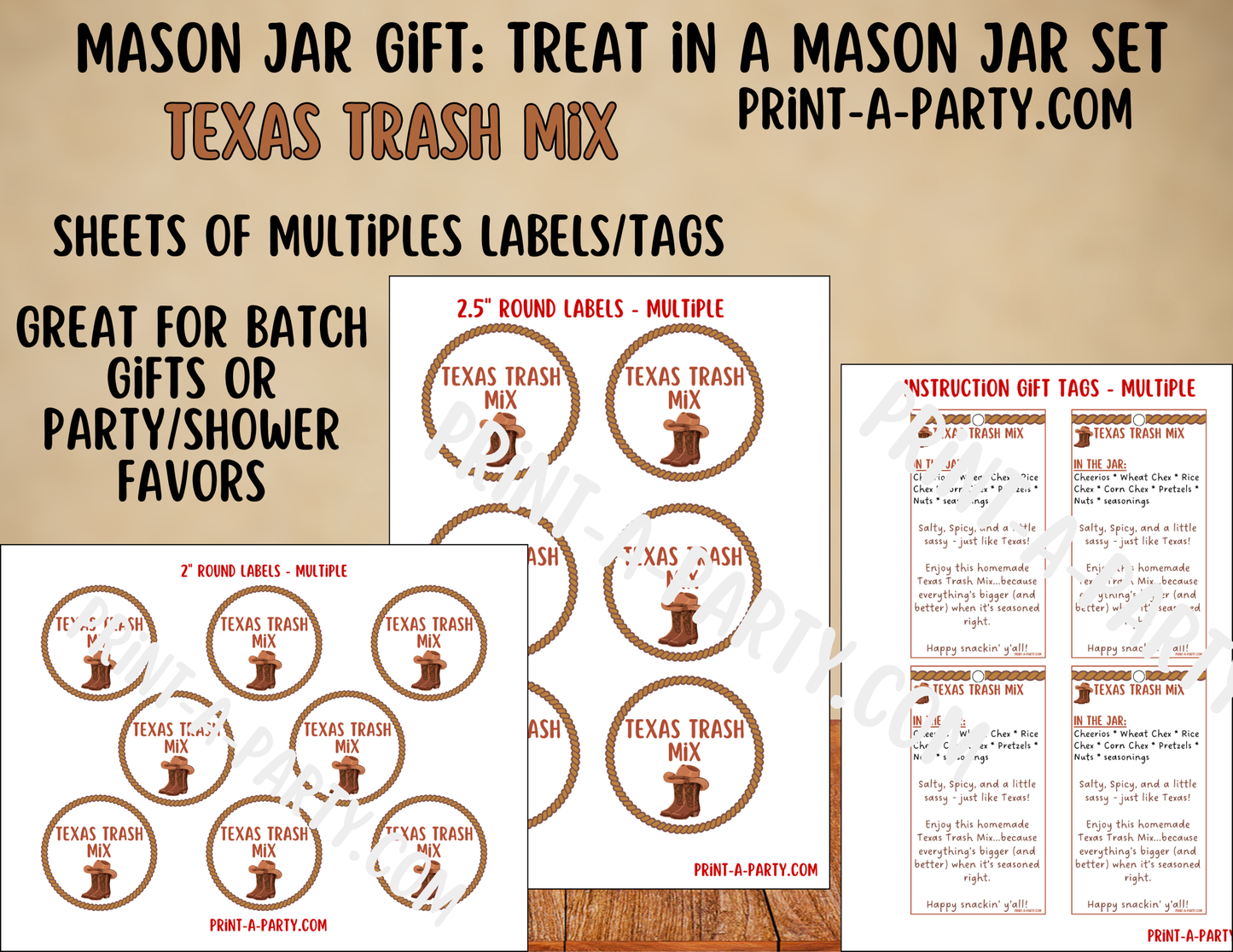 MASON JAR GIFT: Texas Trash Chex Mix in a Mason Jar Gift Printable Kit - for neighbors, teachers, gift baskets and more!