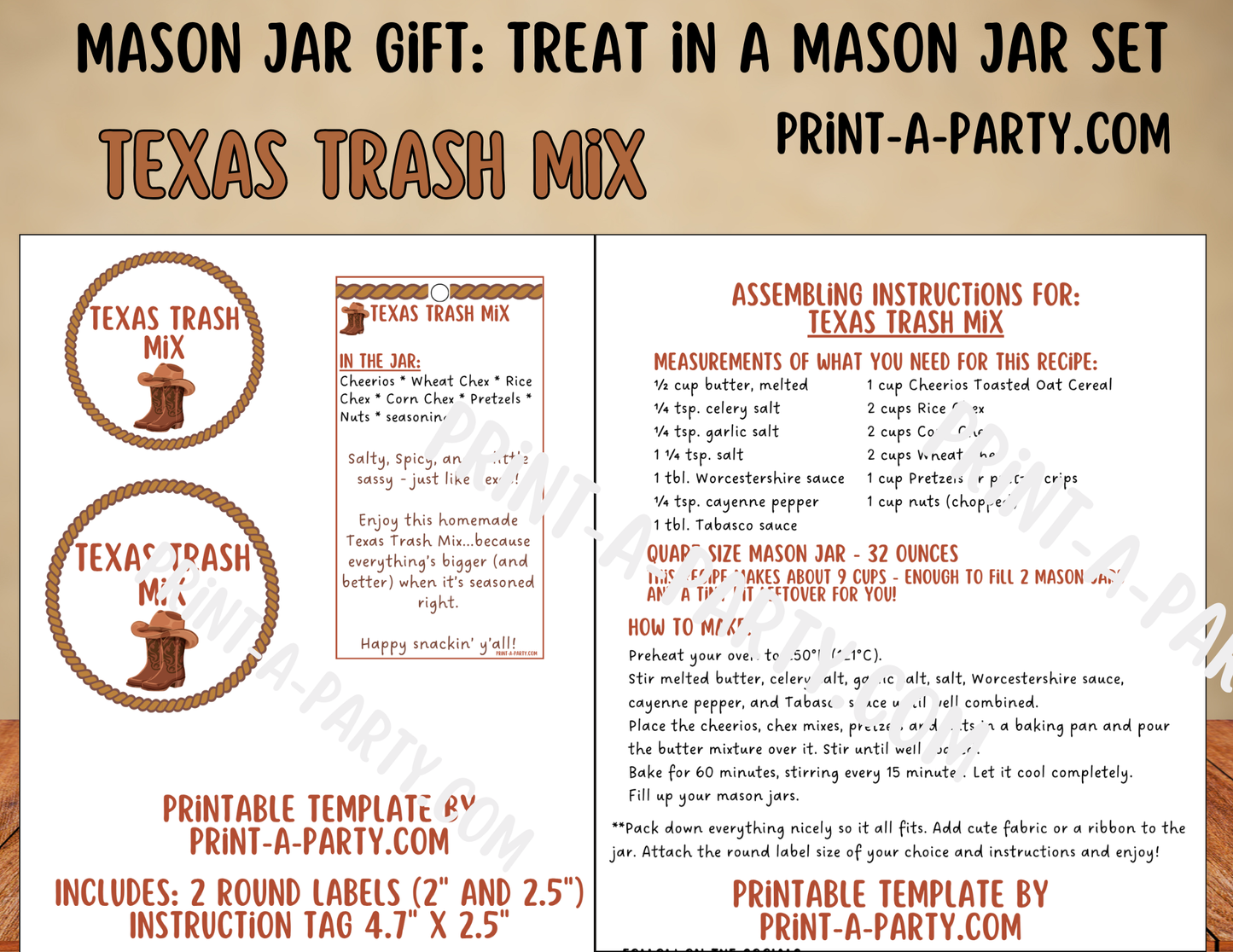 MASON JAR GIFT: Texas Trash Chex Mix in a Mason Jar Gift Printable Kit - for neighbors, teachers, gift baskets and more!