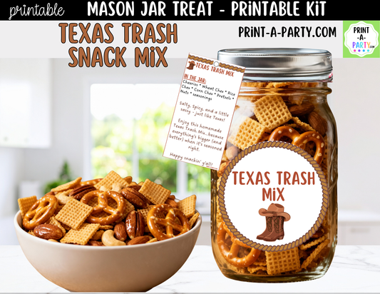 Texas Trash Chex Snack Mix in a Mason Jar Gift Printable Kit - Labels, Tag, Recipe & Instructions