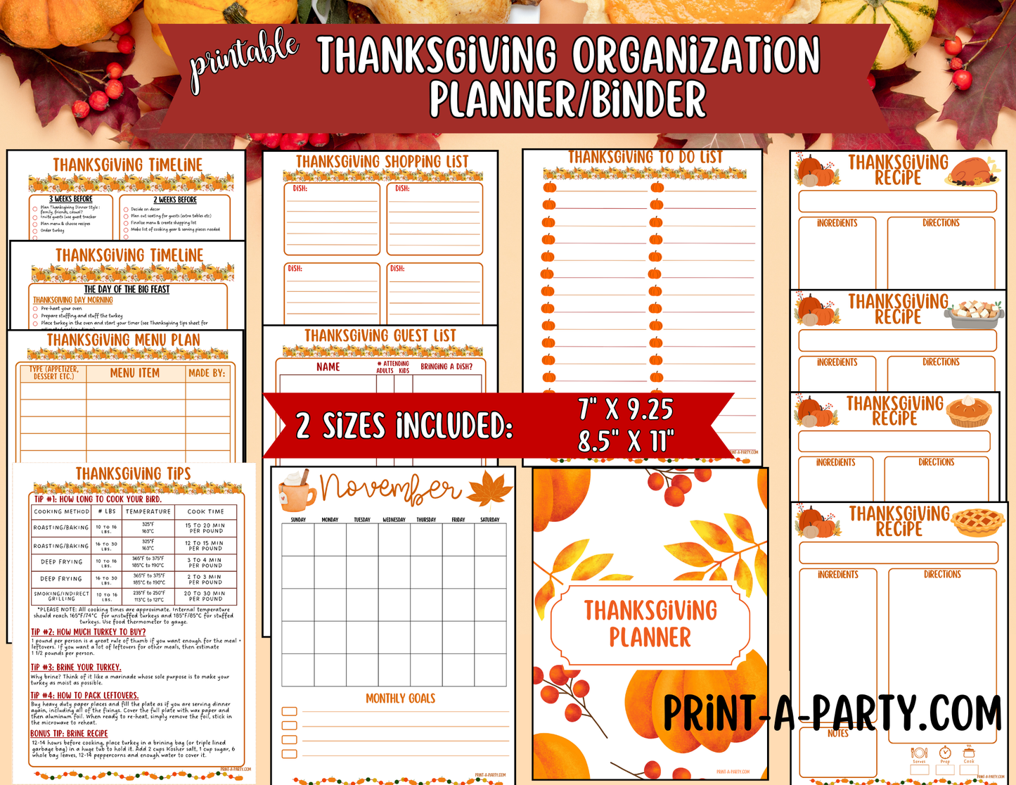 Thanksgiving Printable Planner Binder Kit – Meal Planner, Recipe Cards, Checklists & Holiday Organizer (8.5x11 & 7x9.25)