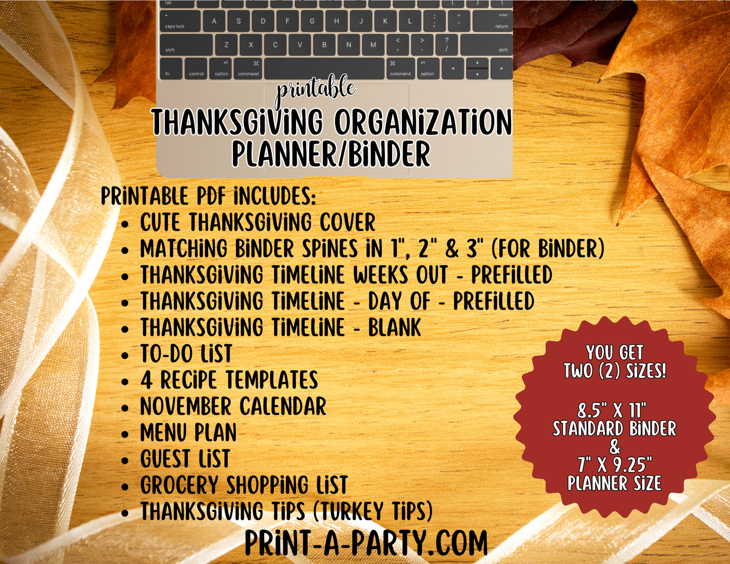 Thanksgiving Printable Planner Binder Kit – Meal Planner, Recipe Cards, Checklists & Holiday Organizer (8.5x11 & 7x9.25)