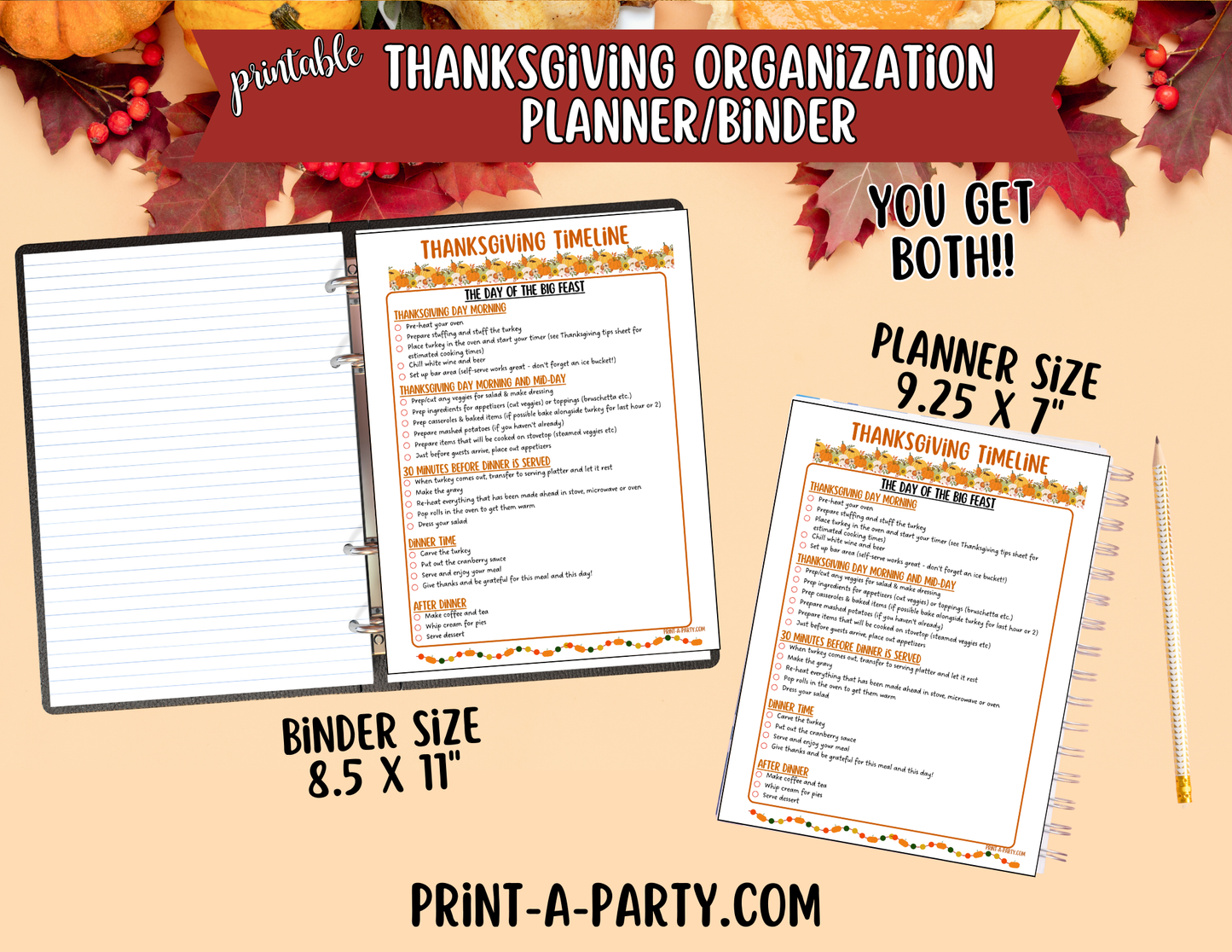Thanksgiving Printable Planner Binder Kit – Meal Planner, Recipe Cards, Checklists & Holiday Organizer (8.5x11 & 7x9.25)