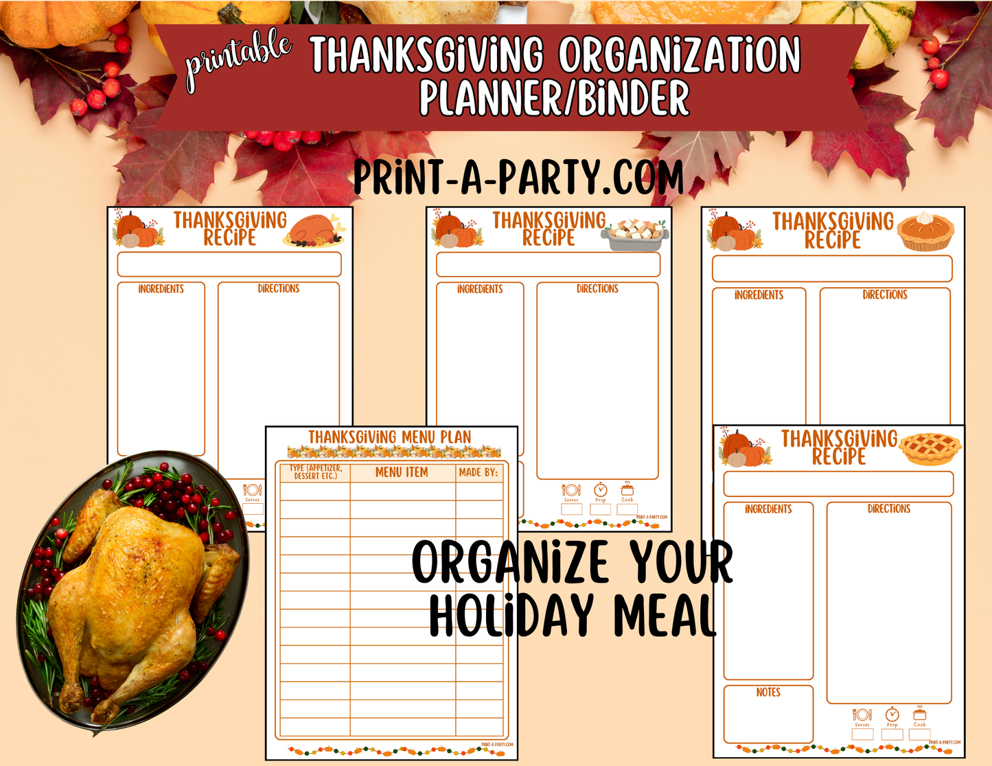 Thanksgiving Printable Planner Binder Kit – Meal Planner, Recipe Cards, Checklists & Holiday Organizer (8.5x11 & 7x9.25)