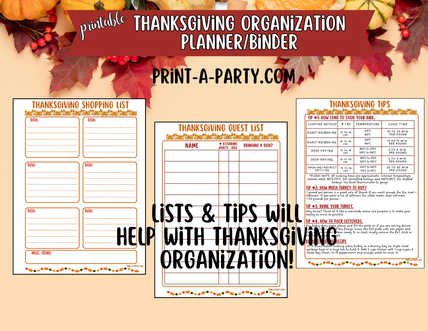 Thanksgiving Printable Planner Binder Kit – Meal Planner, Recipe Cards, Checklists & Holiday Organizer (8.5x11 & 7x9.25)