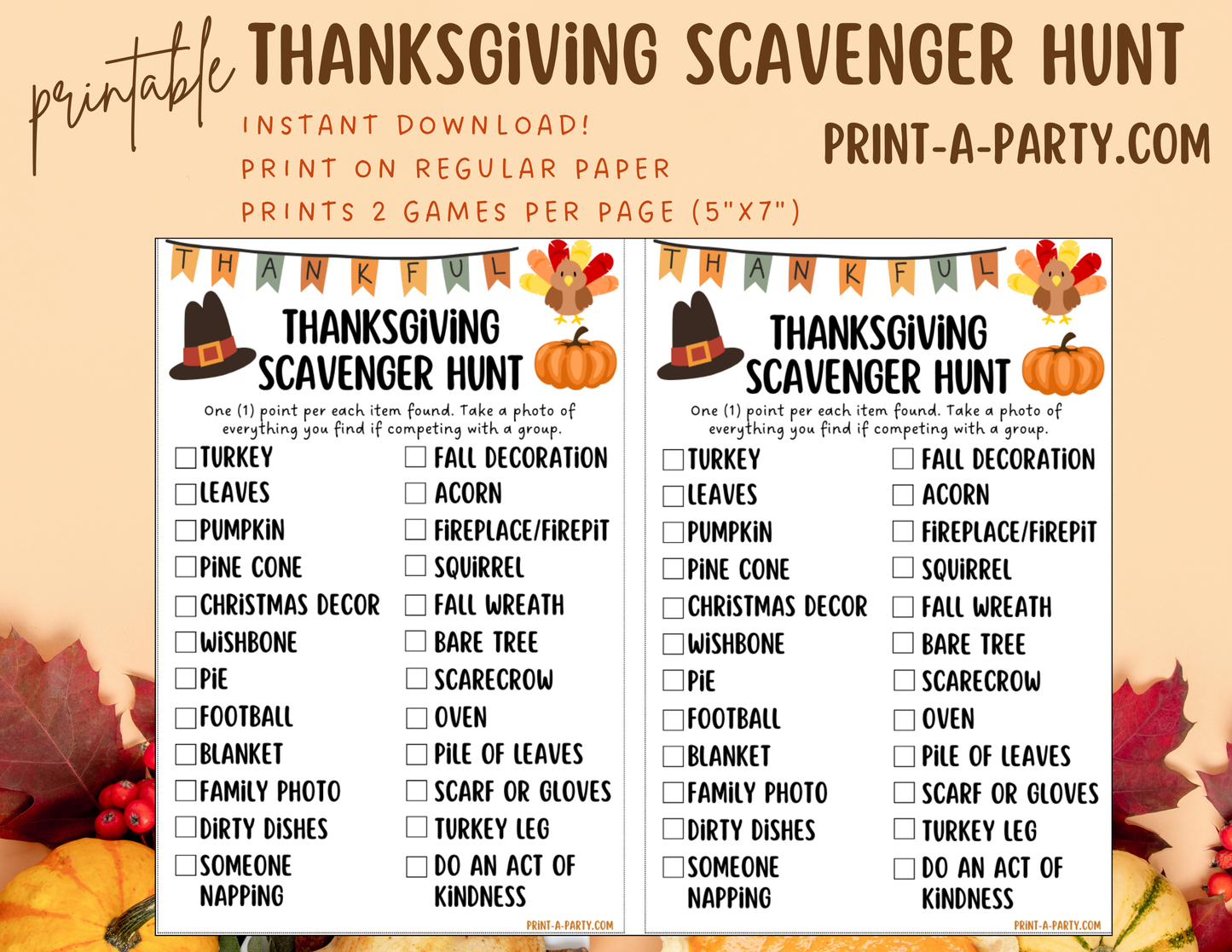 SCAVENGER HUNT GAME: Thanksgiving - Printable Thanksgiving Scavenger Hunt Game – Fun Holiday Activity for Kids and Families