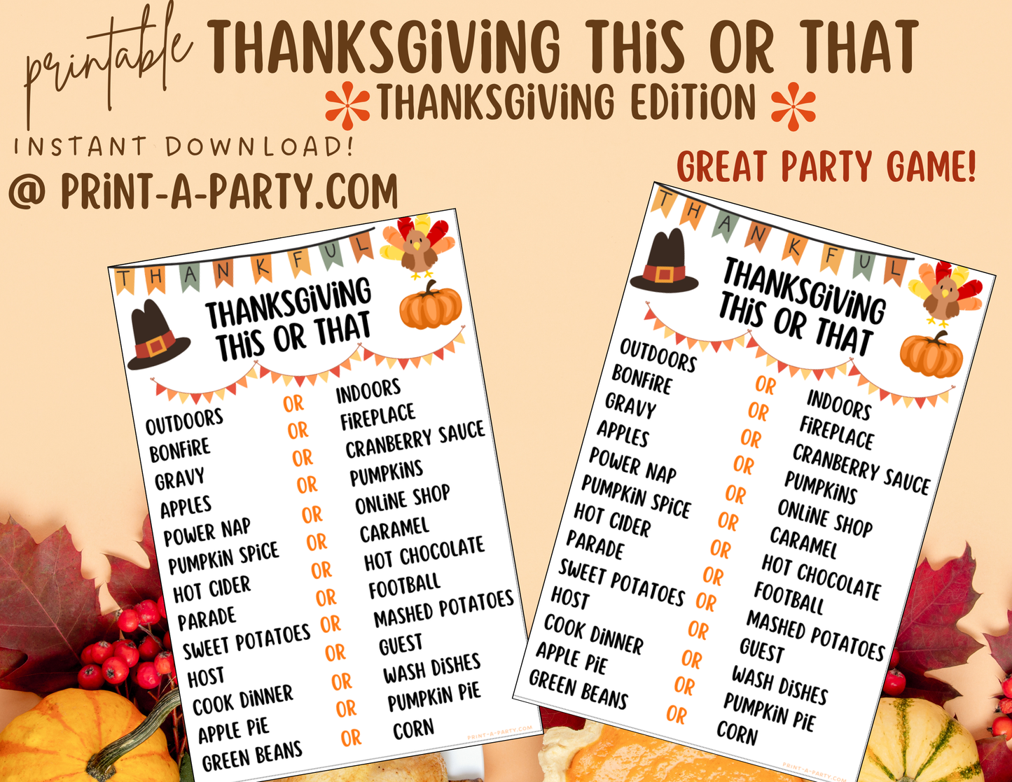 THIS OR THAT GAME: Printable Thanksgiving This or That Game – Fun Kids, Classroom & Party Activity, Instant Download