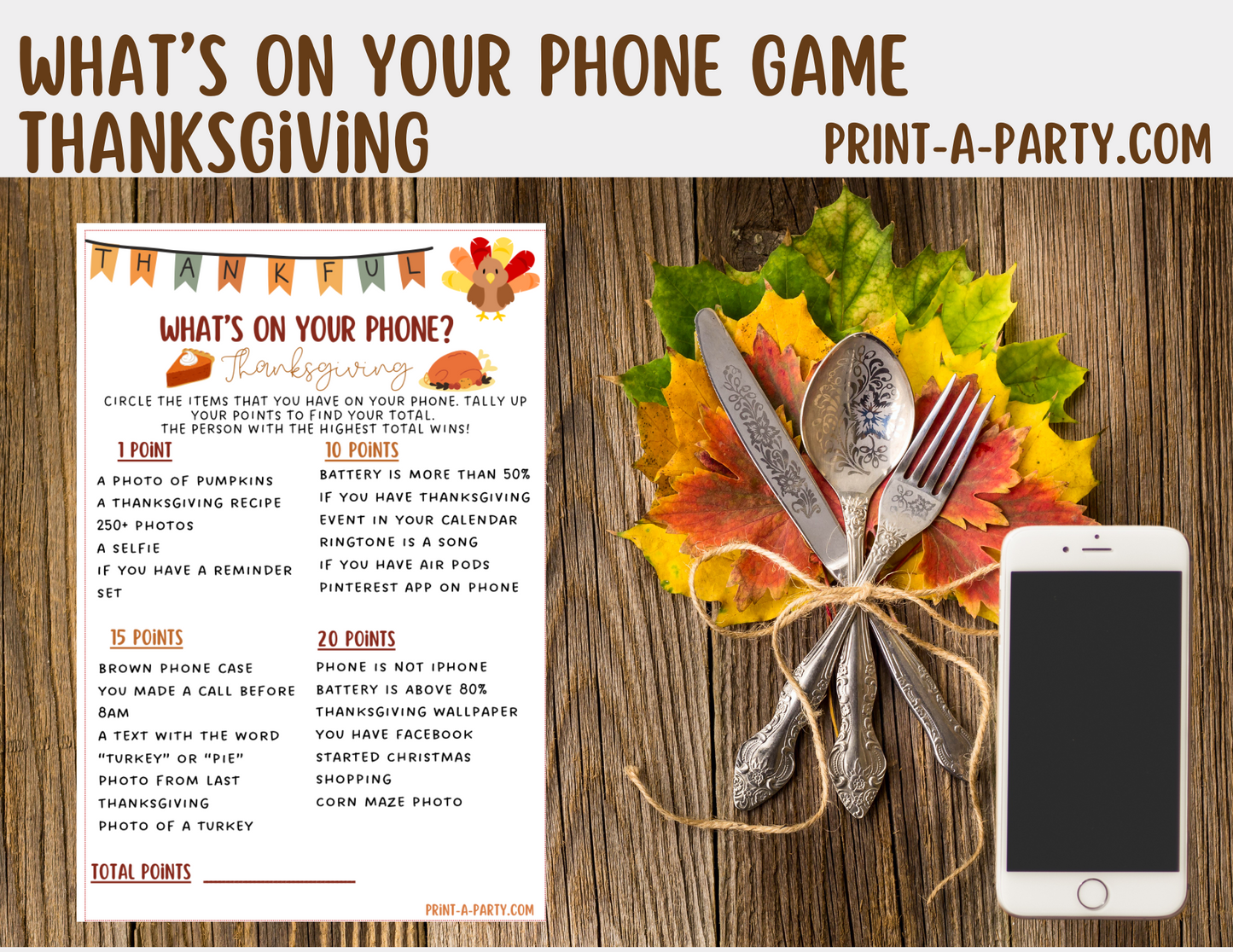 What’s On Your Phone – Thanksgiving Edition Printable Game – Fun Holiday Party Activity for Kids, Classrooms or Thanksgiving Day
