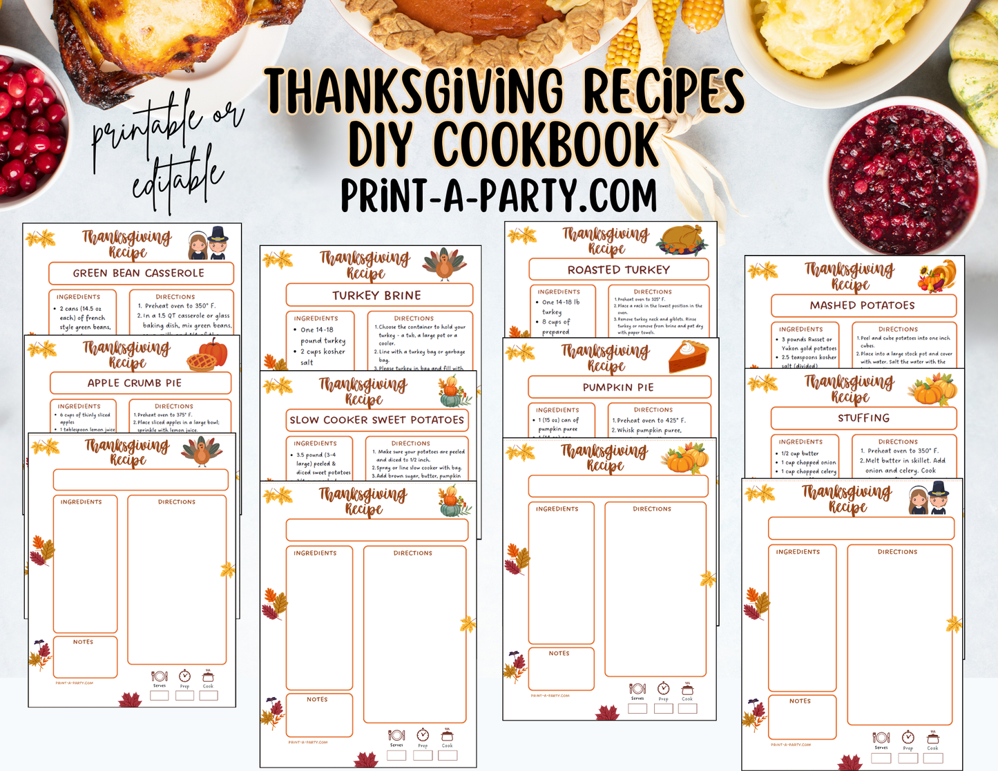 DIY Cookbook | THANKSGIVING Recipe Collection | PRINTABLE OR EDITABLE | Planner | Meal Plan | Planner Recipes | Thanksgiving Recipes | Hosting Thanksgiving
