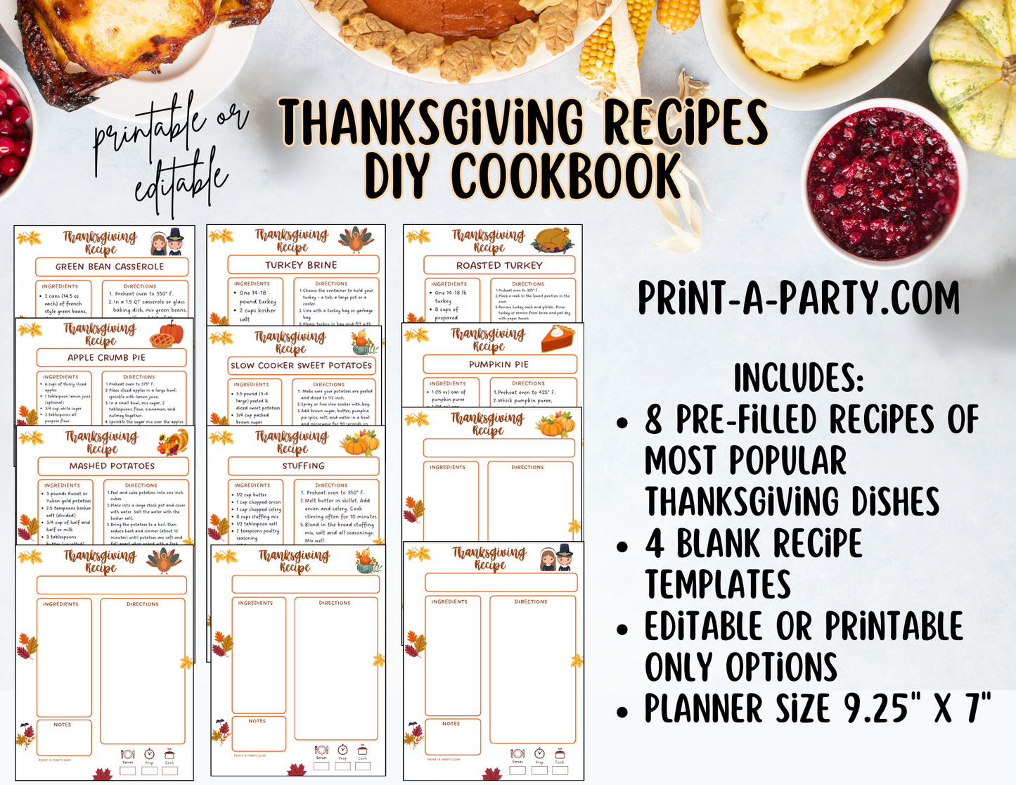 DIY Cookbook | THANKSGIVING Recipe Collection | PRINTABLE OR EDITABLE | Planner | Meal Plan | Planner Recipes | Thanksgiving Recipes | Hosting Thanksgiving