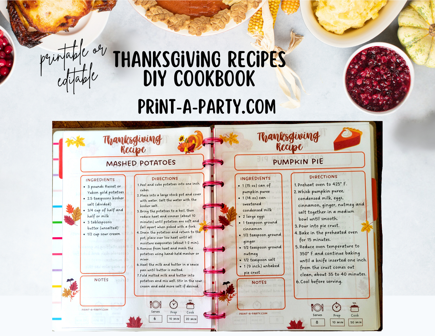 DIY Cookbook | THANKSGIVING Recipe Collection | PRINTABLE OR EDITABLE | Planner | Meal Plan | Planner Recipes | Thanksgiving Recipes | Hosting Thanksgiving