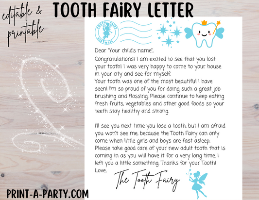 TOOTH FAIRY LETTER - EDITABLE | Editable Letter in BLUE for kids | Instant Download